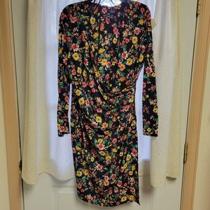 Floral Long Sleeve Wrap Effect Dress
